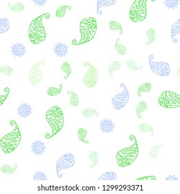 Light Blue, Green vector seamless doodle texture with leaves and flowers. Colorful illustration in doodle style with leaves, flowers. Texture for window blinds, curtains.