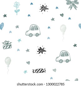 Light Blue, Green vector seamless texture with birthday gifts. Illustration with a colorful toy car, heart, baloon, tulip, candy, ball. Template for new year postcards.