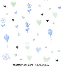 Light Blue, Green vector seamless background in xmas style. Shining illustration with aheart, baloon, candy, gift, star, ribbon. Pattern for carnival, festival ads.