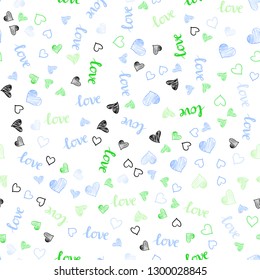 Light Blue, Green vector seamless template with text LOVE YOU, hearts. Illustration with words of love, hearts in abstract style. Pattern for trendy fabric, wallpapers.