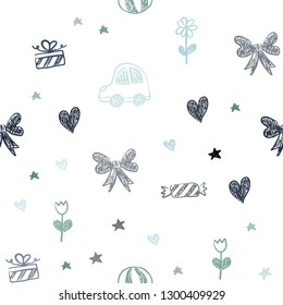 Light Blue, Green vector seamless background with xmas attributes. Illustration with a gradient toy car, heart, baloon, tulip, candy, ball. Pattern for carnival, festival ads.