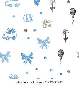 Light Blue, Green vector seamless template with carnival elements. Abstract illustration with a toy car, heart, baloon, tulip, candy, ball. Pattern for birthday gifts.