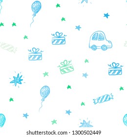 Light Blue, Green vector seamless background in xmas style. Illustration with a colorful toy car, baloon, candy, star, ball. Pattern for birthday gifts.