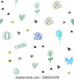 Light Blue, Green vector seamless pattern in christmas style. Illustration with a colorfulheart, baloon, candy, gift, star, ribbon. Pattern for birthday gifts.