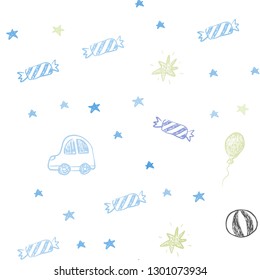 Light Blue, Green vector seamless background in xmas style. Abstract illustration with a toy car, baloon, candy, star, ball. Design for colorful commercials.