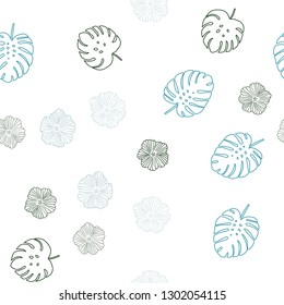 Light Blue, Green vector seamless natural backdrop with flowers, leaves. Sketchy doodles on white background. Design for textile, fabric, wallpapers.