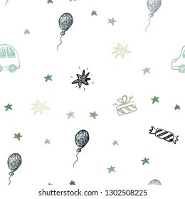 Light Blue, Green vector seamless backdrop in holiday style. Colorful illustration with a toy car, baloon, candy, star, ball. Template for new year postcards.