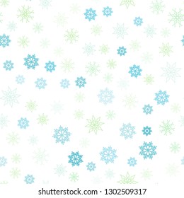 Light Blue, Green vector seamless layout with bright snowflakes. Decorative shining illustration with snow on abstract template. Pattern for trendy fabric, wallpapers.