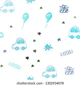 Light Blue, Green vector seamless pattern in christmas style. Design in xmas style with a toy car, baloon, candy, star, ball. Design for holiday adverts.