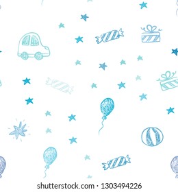 Light Blue, Green vector seamless background in xmas style. Abstract illustration with a toy car, baloon, candy, star, ball. Design for colorful commercials.