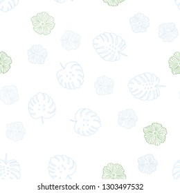 Light Blue, Green vector seamless elegant wallpaper with flowers, leaves. Sketchy doodles on white background. Pattern for design of fabric, wallpapers.