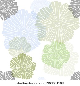 Light Blue, Green vector seamless abstract pattern with flowers. Sketchy doodle flowers on white background. Pattern for trendy fabric, wallpapers.