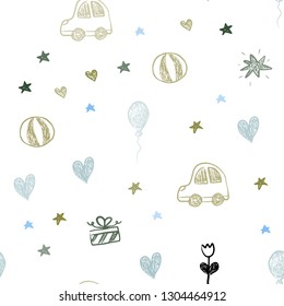 Light Blue, Green vector seamless backdrop with holiday gifts. Shining illustration with a toy car, heart, baloon, tulip, candy, ball. Design for holiday adverts.