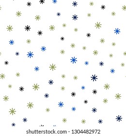 Light Blue, Green vector seamless template with ice snowflakes. Shining colorful illustration with snow on abstract template. Design for textile, fabric, wallpapers.