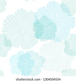 Light Blue, Green vector seamless doodle background with flowers. Sketchy doodle flowers on white background. Texture for window blinds, curtains.