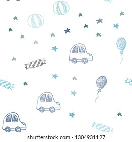 Light Blue, Green vector seamless backdrop in holiday style. Shining illustration with a toy car, baloon, candy, star, ball. Pattern for new year ads.