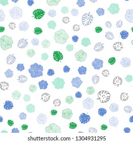 Light Blue, Green vector seamless doodle texture with leaves, flowers. Decorative design in Indian style on white background. Pattern for design of fabric, wallpapers.