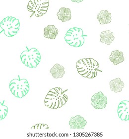 Light Blue, Green vector seamless doodle texture with flowers, leaves. Abstract illustration with leaves, flowers in doodles style. Template for business cards, websites.