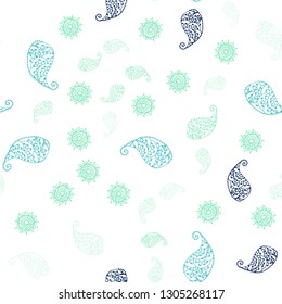 Light Blue, Green vector seamless doodle background with leaves and flowers. Illustration with doodles on abstract template. Design for textile, fabric, wallpapers.