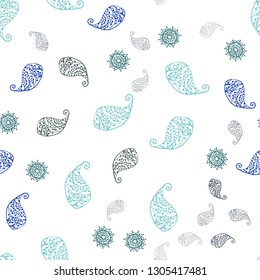 Light Blue, Green vector seamless doodle background with leaves and flowers. Sketchy doodles on white background. Texture for window blinds, curtains.
