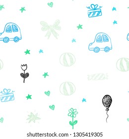 Light Blue, Green vector seamless template with carnival elements. Colorful illustration with a toy car, heart, baloon, tulip, candy, ball. Template for new year postcards.