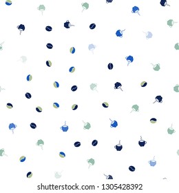 Light Blue, Green vector seamless template with cups of coffee, beans. Gradient abstract collection of coffee cups and beans. Design for ad, poster, banner of cafes, restaurants.
