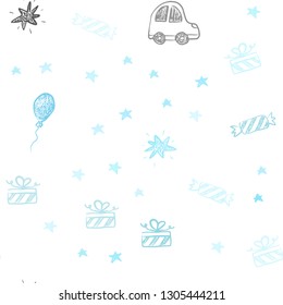 Light Blue, Green vector seamless pattern in christmas style. Design in xmas style with a toy car, baloon, candy, star, ball. Pattern for birthday gifts.