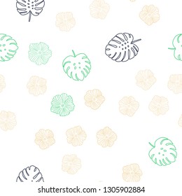 Light Blue, Green vector seamless doodle background with flowers, leaves. Leaves and flowers with gradient on white background. Template for business cards, websites.