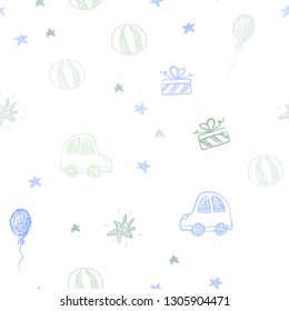 Light Blue, Green vector seamless pattern in christmas style. Colorful illustration with a toy car, baloon, candy, star, ball. Template for new year postcards.
