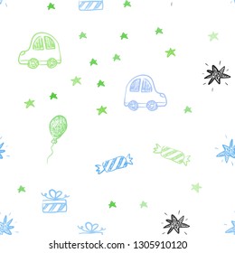 Light Blue, Green vector seamless layout in new year style. Illustration with a colorful toy car, baloon, candy, star, ball. Pattern for birthday gifts.