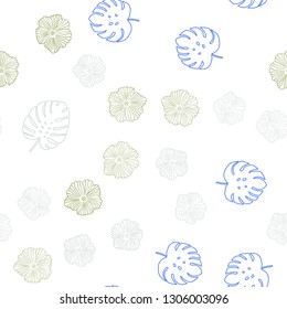 Light Blue, Green vector seamless elegant background with flowers, leaves. Shining colored illustration with leaves and flowers. Texture for window blinds, curtains.