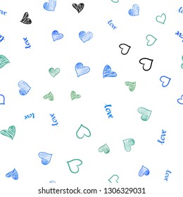 Light Blue, Green vector seamless texture with words LOVE YOU, hearts. Illustration with words of love, hearts in abstract style. Pattern for trendy fabric, wallpapers.