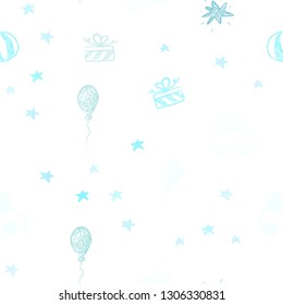 Light Blue, Green vector seamless template in carnival style. Design in xmas style with a toy car, baloon, candy, star, ball. Pattern for carnival, festival ads.