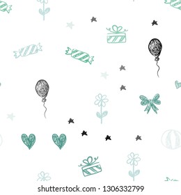 Light Blue, Green vector seamless template in carnival style. Abstract illustration with aheart, baloon, candy, gift, star, ribbon. Design for colorful commercials.