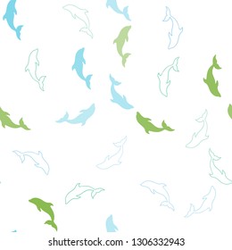 Light Blue, Green vector seamless template with dolphins. Shining illustration of colorful gradient sea dolphins. Pattern for wildlife ad, booklets.
