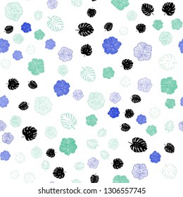 Light Blue, Green vector seamless natural backdrop with leaves, flowers. Colorful abstract illustration with leaves in doodle style. Template for business cards, websites.