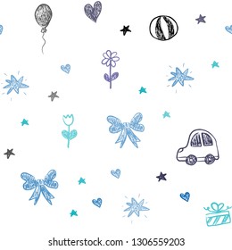 Light Blue, Green vector seamless layout with new year gifts. Colorful illustration with a toy car, heart, baloon, tulip, candy, ball. Design for colorful commercials.