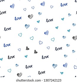 Light Blue, Green vector seamless texture with words LOVE YOU, hearts. Design in doodle style with text LOVE YOU, hearts. Texture for window blinds, curtains.