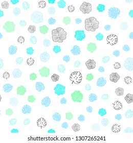 Light Blue, Green vector seamless doodle background with leaves, flowers. Modern abstract illustration with leaves and flowers. Design for wallpaper, fabric makers.