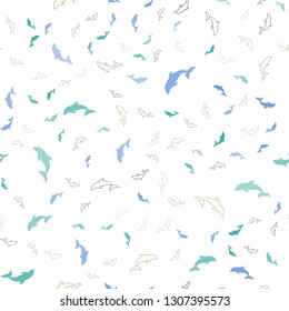 Light Blue, Green vector seamless texture with dolphins. Shining illustration of colorful gradient sea dolphins. Pattern for marine leaflets.