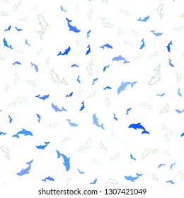 Light Blue, Green vector seamless texture with dolphins. Decorative design in natural style with sea dolphins. Natural design for wallpapers.