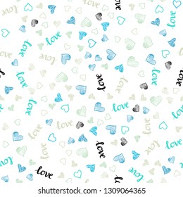 Light Blue, Green vector seamless cover with quote LOVE YOU, hearts. Colorful illustration with quote LOVE YOU, hearts. Pattern for design of fabric, wallpapers.