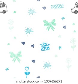 Light Blue, Green vector seamless layout with new year gifts. Shining illustration with a toy car, heart, baloon, tulip, candy, ball. Template for new year postcards.