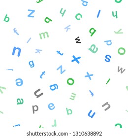 Light Blue, Green vector seamless background with signs of alphabet. Shining illustration with ABC symbols on abstract template. Pattern for trendy fabric, wallpapers.