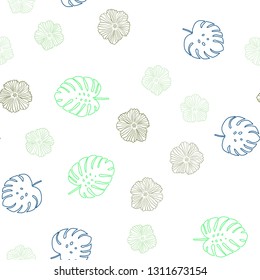 Light Blue, Green vector seamless natural backdrop with flowers, leaves. Leaves, flowers in natural style on white background. Pattern for trendy fabric, wallpapers.