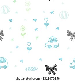 Light Blue, Green vector seamless background with xmas attributes. Colorful illustration with a toy car, heart, baloon, tulip, candy, ball. Pattern for birthday gifts.