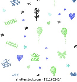 Light Blue, Green vector seamless layout in new year style. Shining illustration with aheart, baloon, candy, gift, star, ribbon. Design for colorful commercials.
