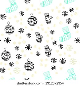 Light Blue, Green vector seamless background with xmas snowflakes, balls, socks, mittens. Colorful decorative design in xmas style. Template for business cards, websites.