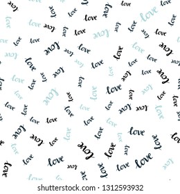 Light Blue, Green vector seamless template with text LOVE YOU. Decorative illustration with words of love in abstract style. Template for business cards, websites.