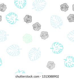 Light Blue, Green vector seamless abstract pattern with flowers, leaves. Sketchy doodles on white background. Pattern for trendy fabric, wallpapers.